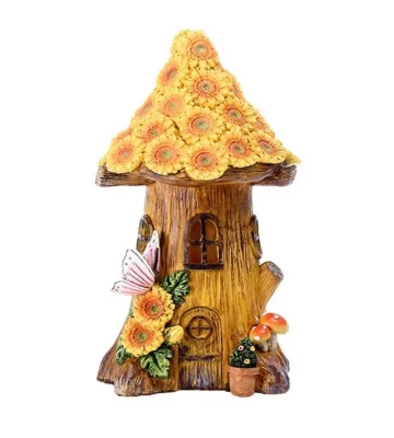 Solar Powered Fairy Sunflower Mushroom Tree House Lamp Waterproof Resin Figurine Night Lamp Ornament Garden Decor Sculpture Wyz20507